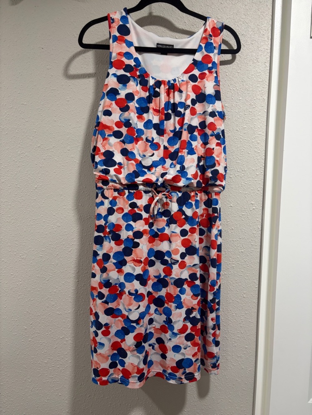 Nina Leonard White Dress with Red and Blue Dot Print